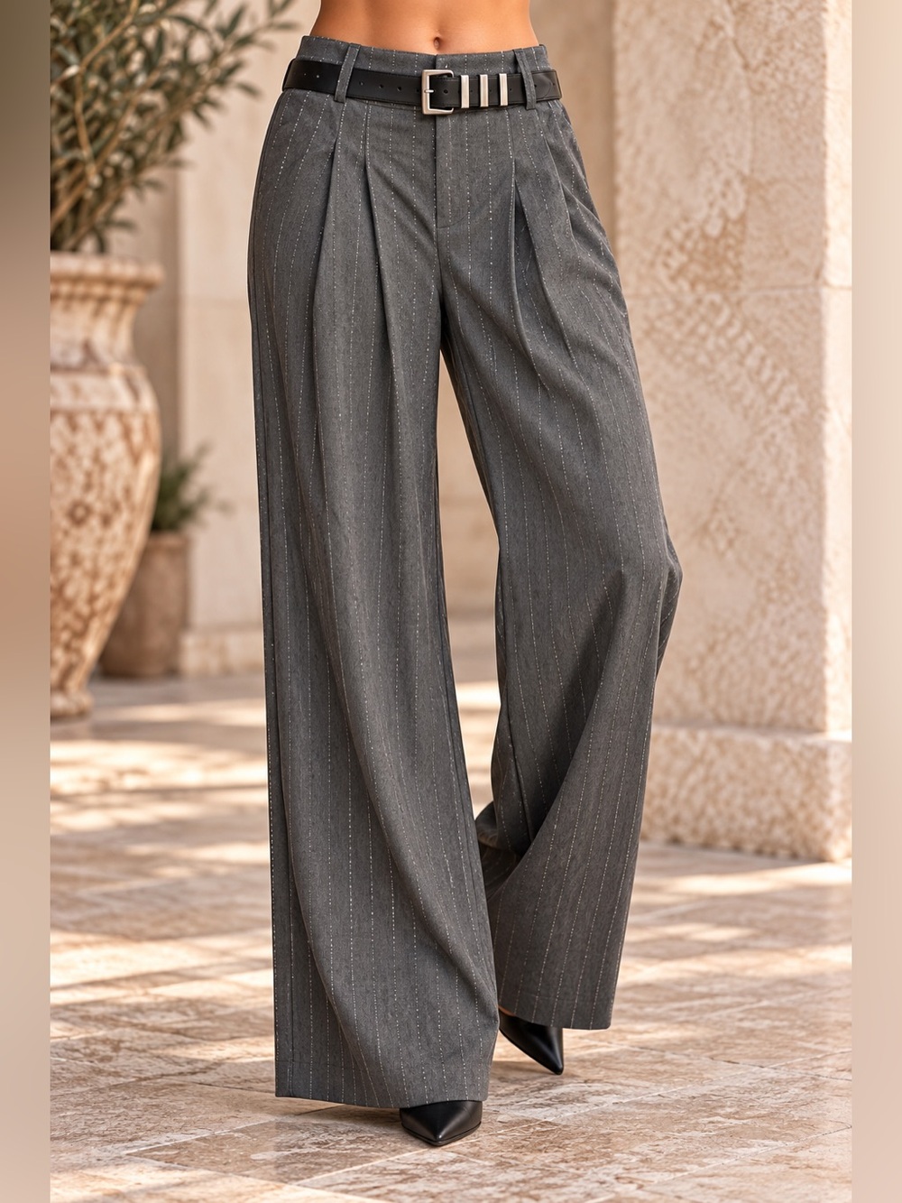 F14. Wide-Leg Rhinestones Pinstripe Trousers in Charcoal Gray